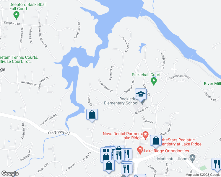 map of restaurants, bars, coffee shops, grocery stores, and more near 2254 Spinnaker Court in Woodbridge