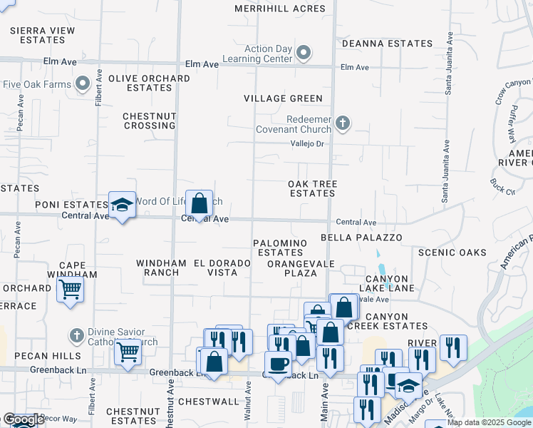 map of restaurants, bars, coffee shops, grocery stores, and more near 6534 Walnut Avenue in Orangevale