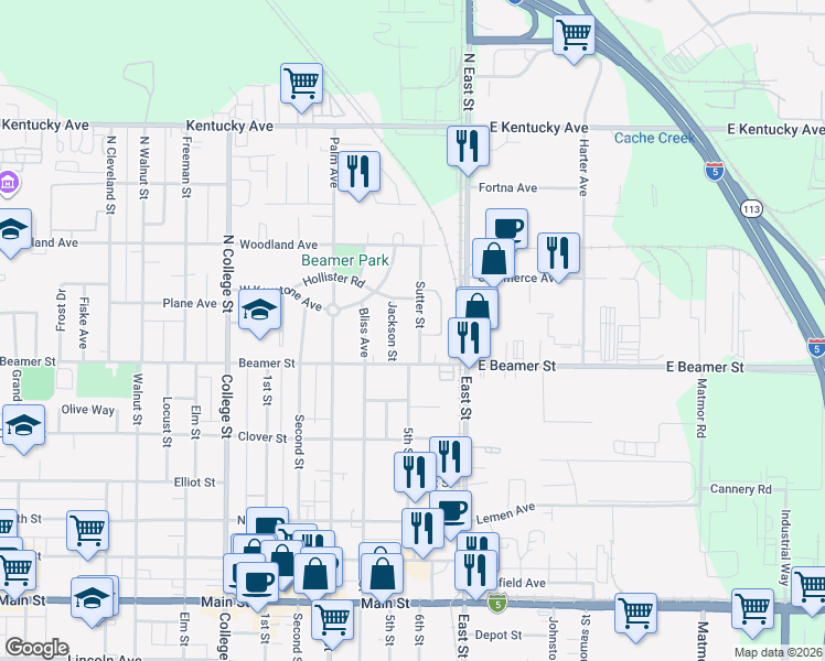 map of restaurants, bars, coffee shops, grocery stores, and more near 21 Sutter Street in Woodland