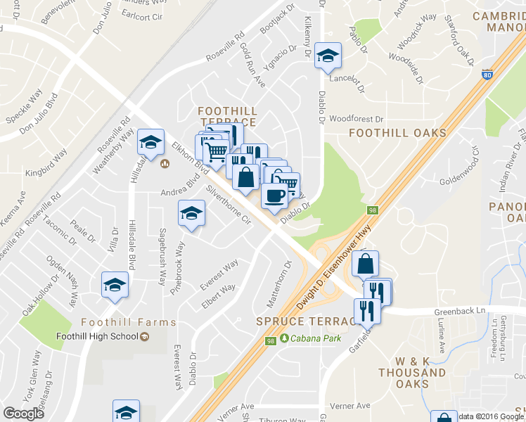 map of restaurants, bars, coffee shops, grocery stores, and more near 5355 Elkhorn Blvd in Sacramento