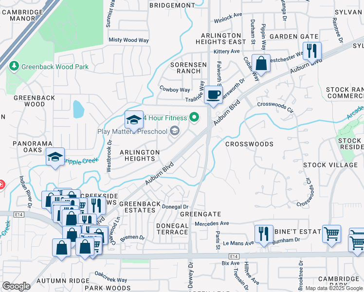 map of restaurants, bars, coffee shops, grocery stores, and more near 6586 Auburn Boulevard in Citrus Heights