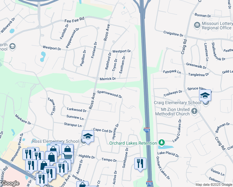 map of restaurants, bars, coffee shops, grocery stores, and more near 12431 Sparrowwood Drive in St. Louis