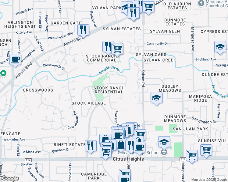 map of restaurants, bars, coffee shops, grocery stores, and more near 7324 Thalia Way in Citrus Heights
