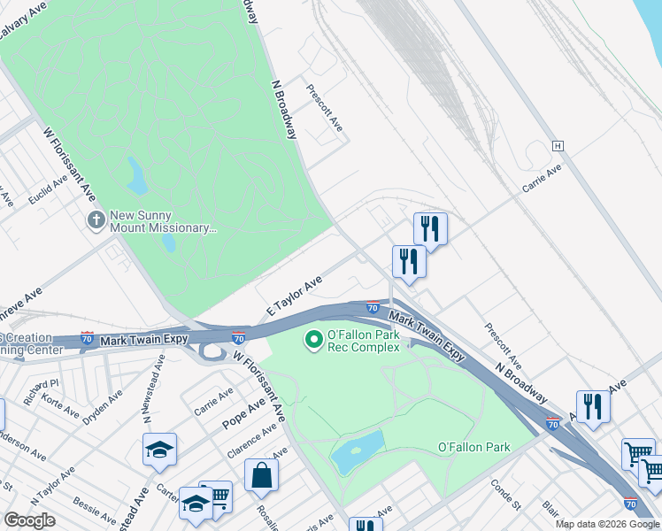 map of restaurants, bars, coffee shops, grocery stores, and more near 4 East Taylor Avenue in St. Louis