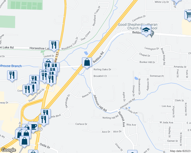 map of restaurants, bars, coffee shops, grocery stores, and more near 4 Brookhill Court in Collinsville