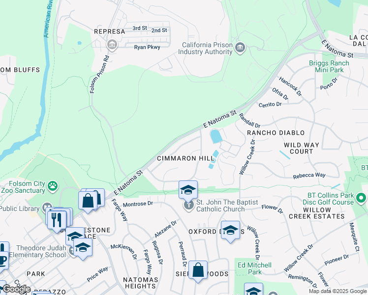 map of restaurants, bars, coffee shops, grocery stores, and more near 260 Spencer Street in Folsom