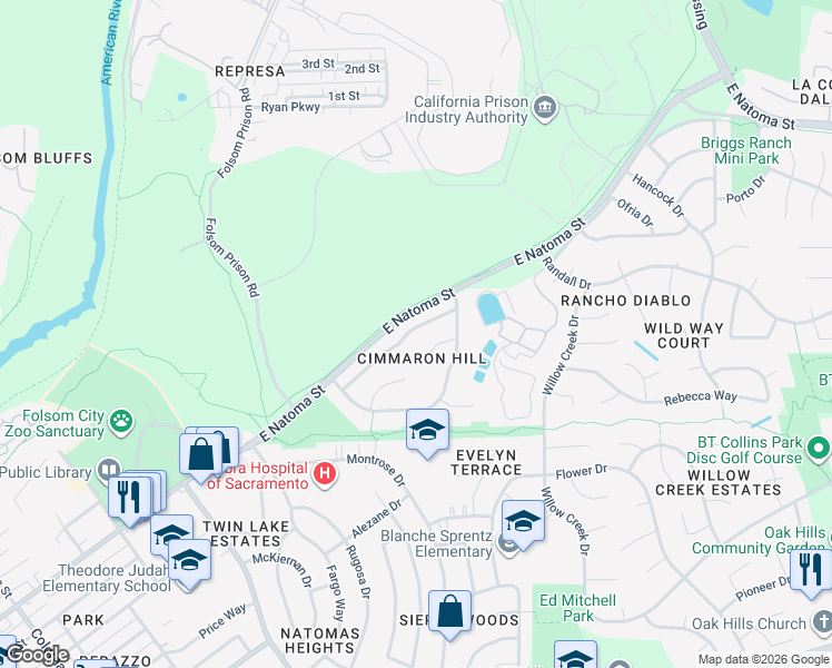 map of restaurants, bars, coffee shops, grocery stores, and more near 260 Spencer Street in Folsom