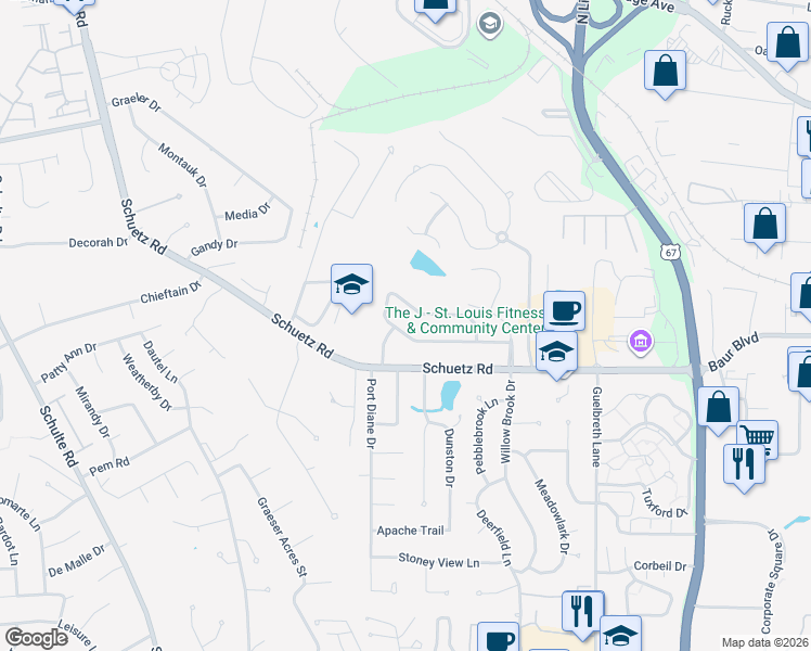 map of restaurants, bars, coffee shops, grocery stores, and more near 11175 Crickett Hill Drive in St. Louis