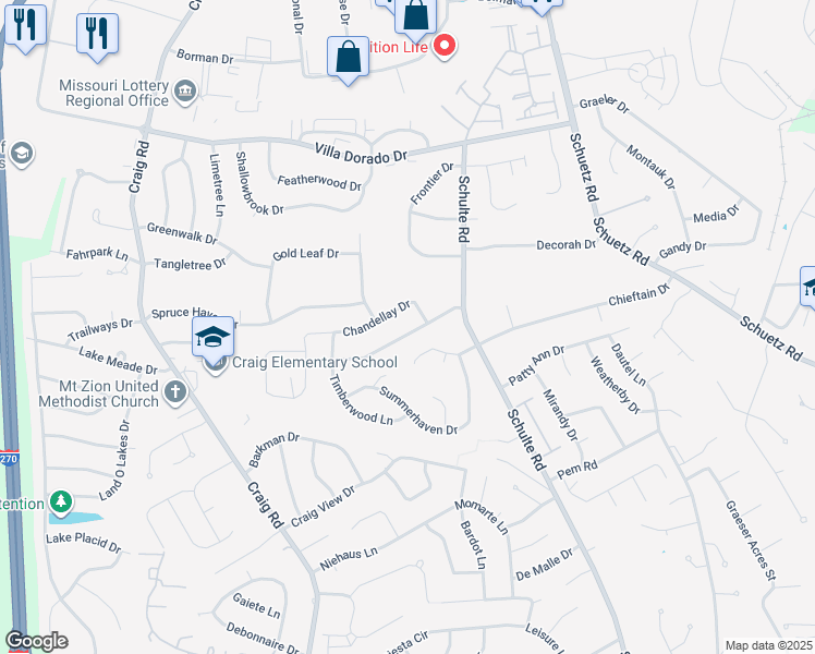 map of restaurants, bars, coffee shops, grocery stores, and more near 11655 Holly Springs Drive in St. Louis