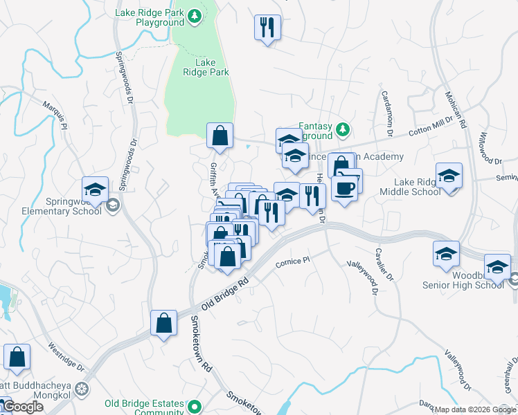 map of restaurants, bars, coffee shops, grocery stores, and more near 3631 Cebu Island Court in Woodbridge