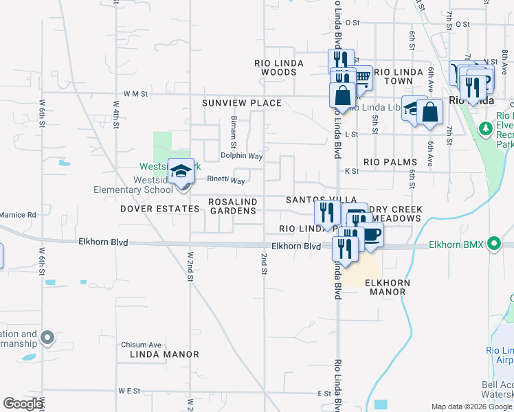 map of restaurants, bars, coffee shops, grocery stores, and more near 137 Withington Avenue in Rio Linda