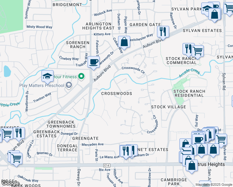 map of restaurants, bars, coffee shops, grocery stores, and more near 6900 Vera Cruz Court in Citrus Heights