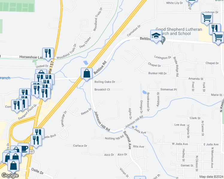 map of restaurants, bars, coffee shops, grocery stores, and more near 60 Brookhill Court in Collinsville
