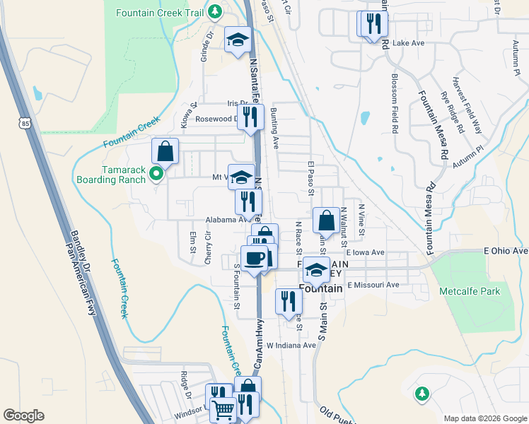 map of restaurants, bars, coffee shops, grocery stores, and more near 470 North Santa Fe Avenue in Fountain