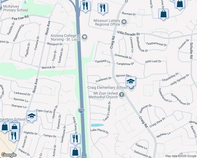 map of restaurants, bars, coffee shops, grocery stores, and more near 12163 Plainsman Drive in St. Louis