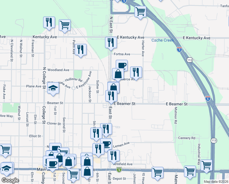 map of restaurants, bars, coffee shops, grocery stores, and more near 45-99 North East Street in Woodland
