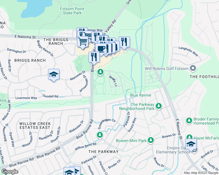map of restaurants, bars, coffee shops, grocery stores, and more near 1553 Bonanza Lane in Folsom