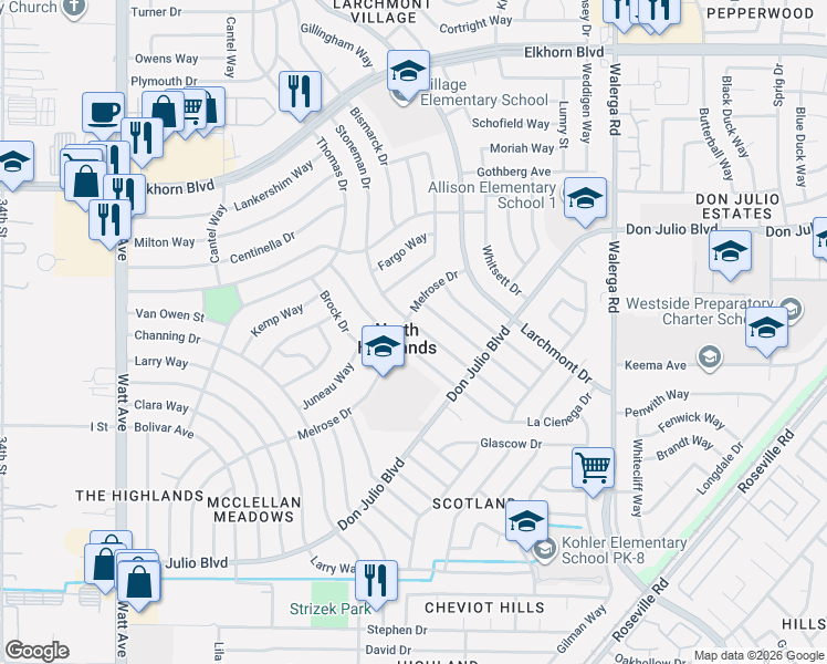 map of restaurants, bars, coffee shops, grocery stores, and more near 6545 Stoneman Drive in North Highlands