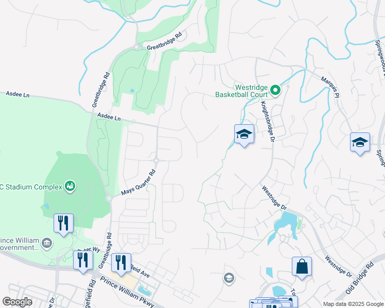 map of restaurants, bars, coffee shops, grocery stores, and more near 12320 Tideswell Mill Court in Woodbridge