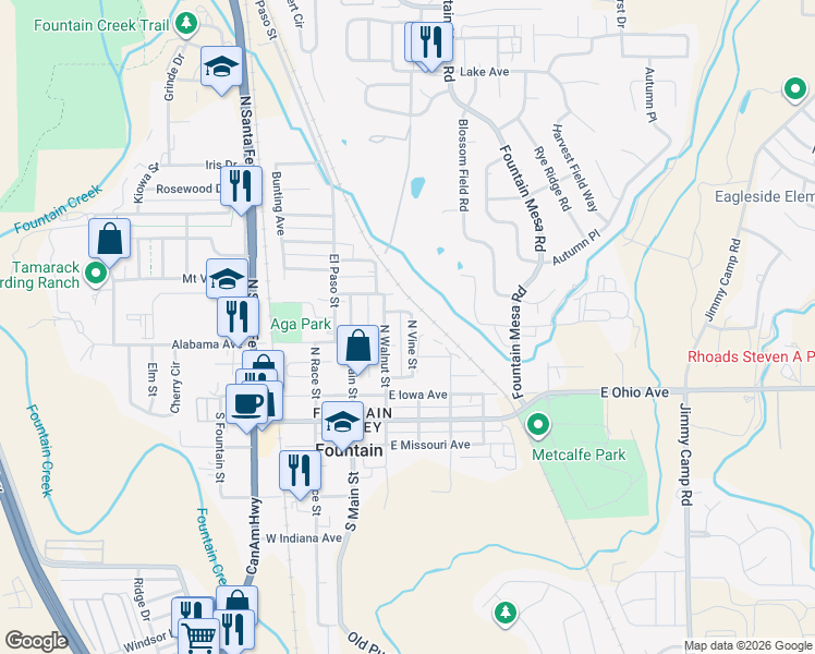 map of restaurants, bars, coffee shops, grocery stores, and more near 262 North Vine Street in Fountain