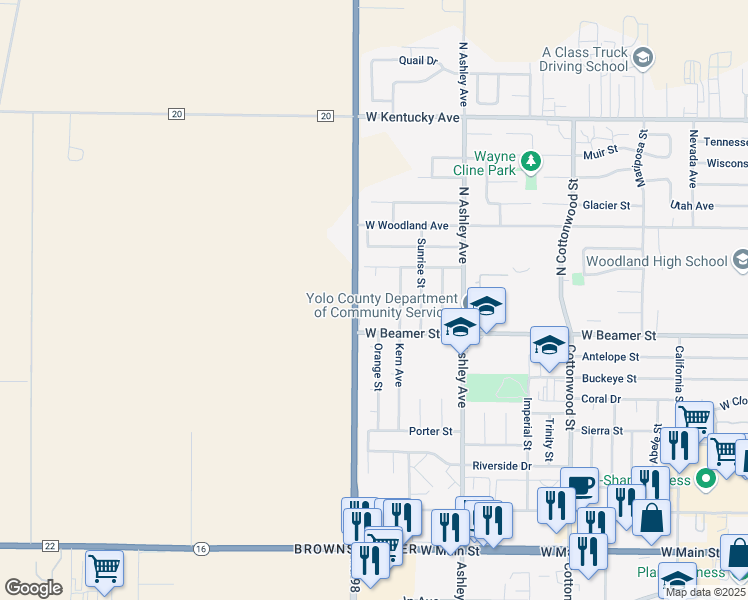 map of restaurants, bars, coffee shops, grocery stores, and more near 32 County Road 98 in Woodland