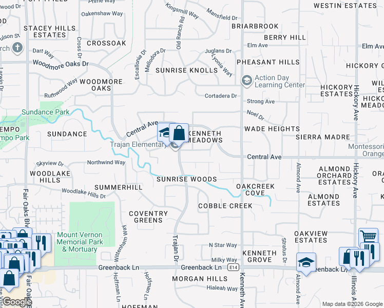 map of restaurants, bars, coffee shops, grocery stores, and more near 8411 Woodmore Drive in Orangevale