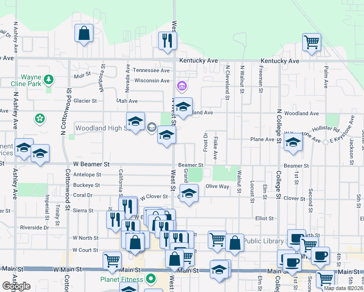 map of restaurants, bars, coffee shops, grocery stores, and more near 5 Plane Avenue in Woodland