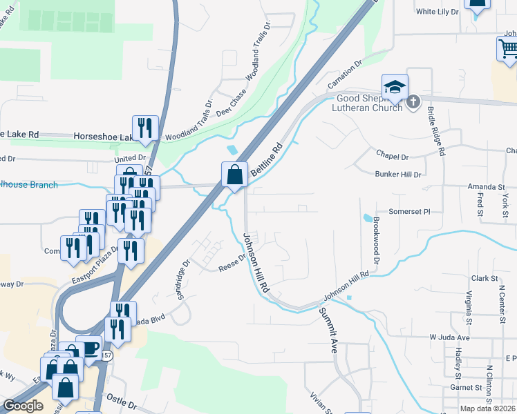 map of restaurants, bars, coffee shops, grocery stores, and more near 94 Rolling Oaks Drive in Collinsville