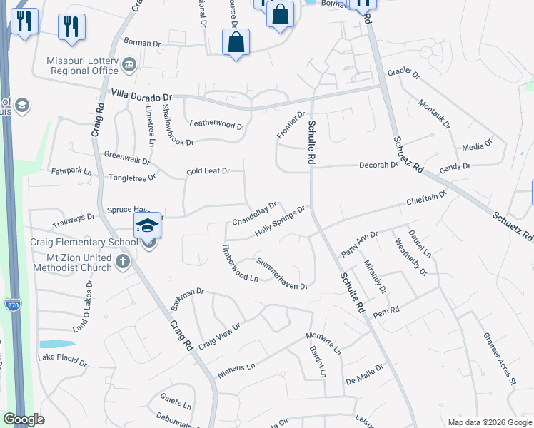 map of restaurants, bars, coffee shops, grocery stores, and more near 11689 Chandellay Drive in St. Louis