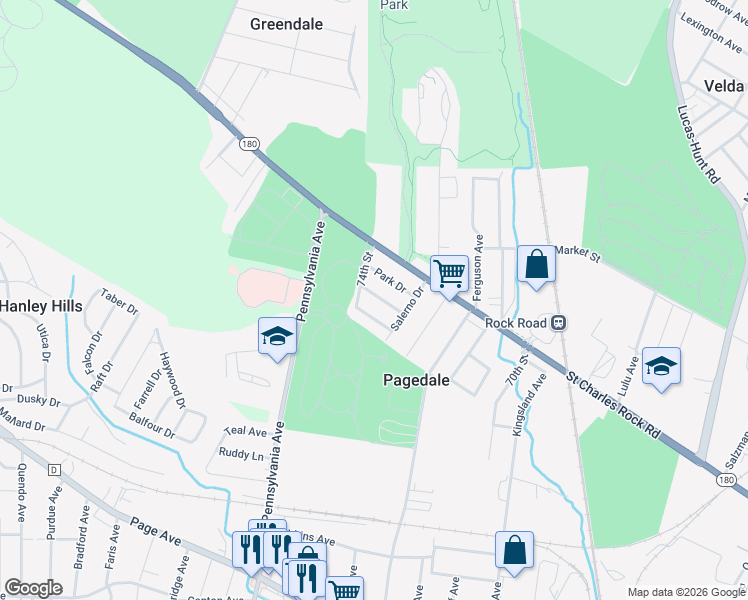map of restaurants, bars, coffee shops, grocery stores, and more near 7336 Grand Drive in St. Louis