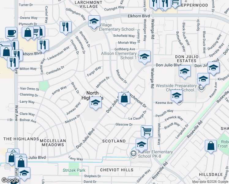 map of restaurants, bars, coffee shops, grocery stores, and more near 6525 Pearson Lane in North Highlands