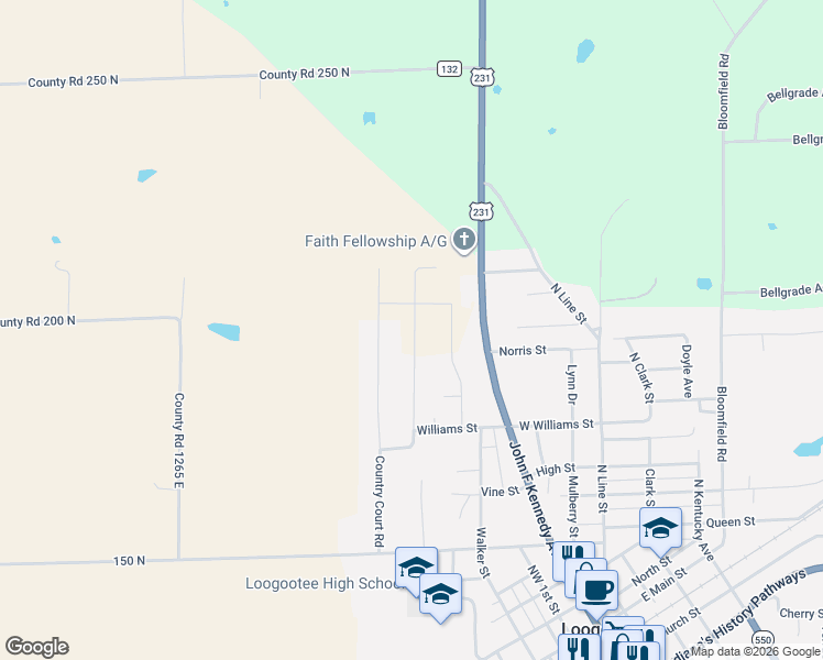 map of restaurants, bars, coffee shops, grocery stores, and more near 129 Garrett Avenue in Loogootee