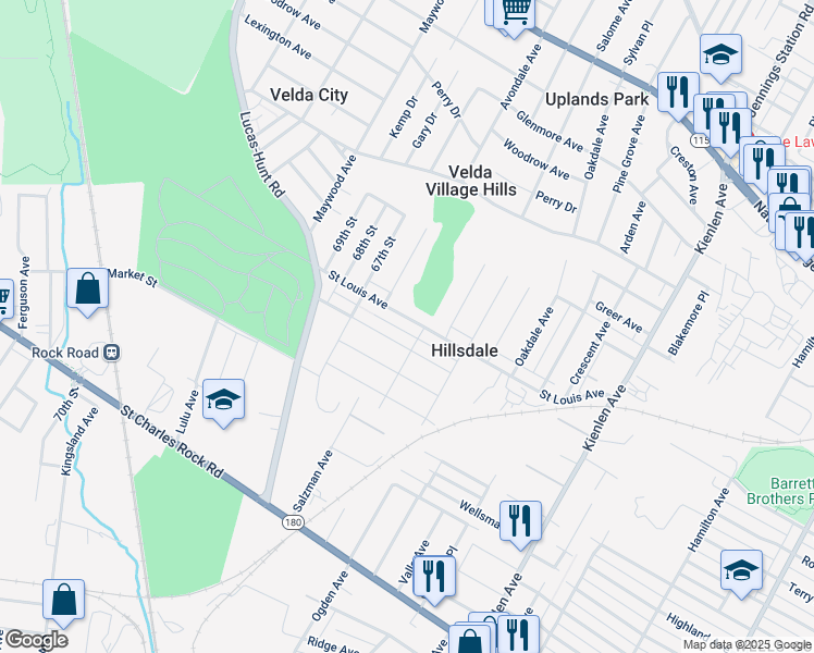 map of restaurants, bars, coffee shops, grocery stores, and more near 6508 Saint Louis Avenue in St. Louis