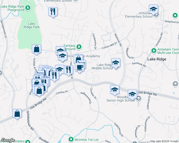 map of restaurants, bars, coffee shops, grocery stores, and more near 3216 Bluff View Court in Woodbridge
