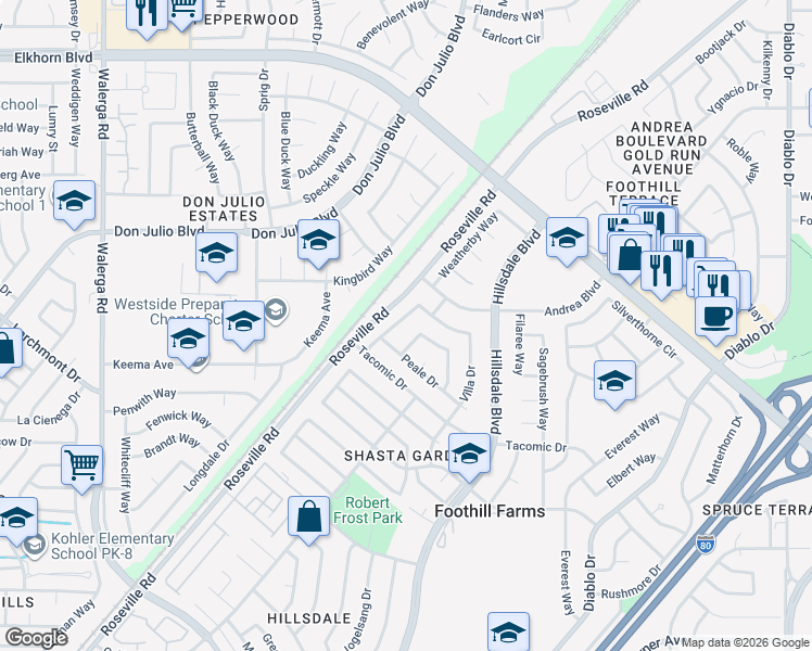 map of restaurants, bars, coffee shops, grocery stores, and more near 4826 Monet Way in Sacramento