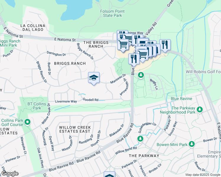 map of restaurants, bars, coffee shops, grocery stores, and more near 110 Maderos Court in Folsom