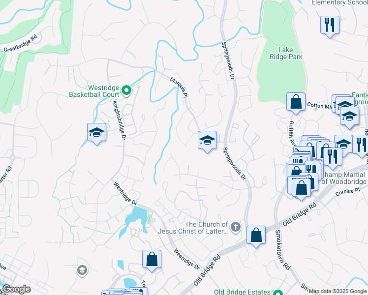 map of restaurants, bars, coffee shops, grocery stores, and more near 12336 Granada Way in Woodbridge