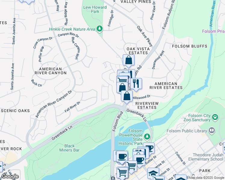 map of restaurants, bars, coffee shops, grocery stores, and more near 1001 Folsom Ranch Drive in Folsom