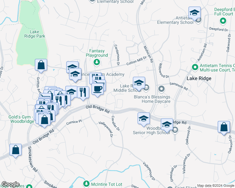 map of restaurants, bars, coffee shops, grocery stores, and more near Bluff View Court in Woodbridge