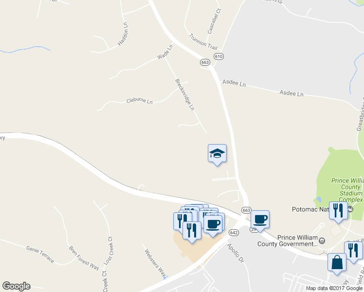 map of restaurants, bars, coffee shops, grocery stores, and more near 5033 Davis Ford Rd in Woodbridge