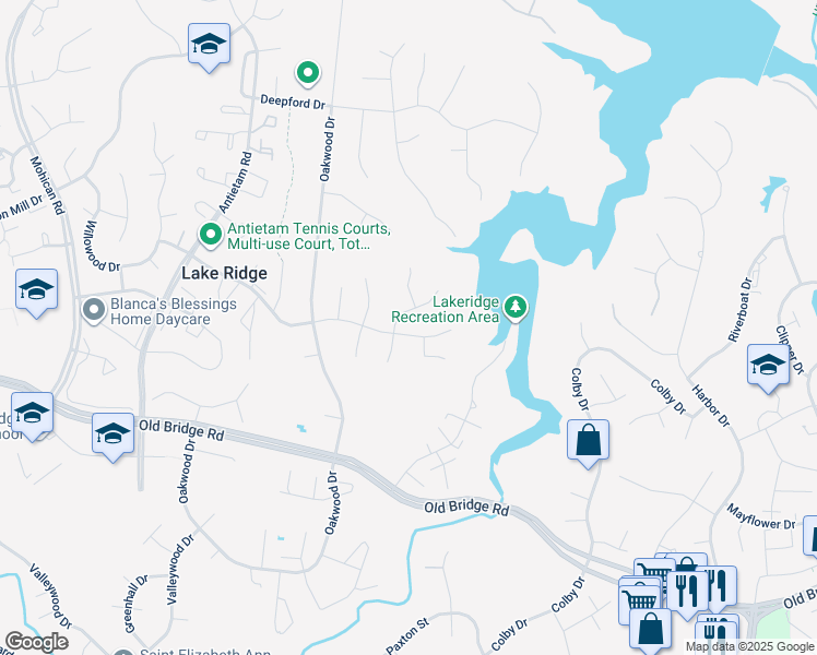 map of restaurants, bars, coffee shops, grocery stores, and more near 2616 Woodfern Court in Woodbridge