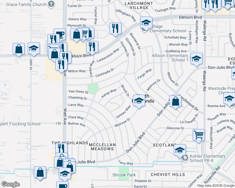 map of restaurants, bars, coffee shops, grocery stores, and more near 6558 Kemp Way in North Highlands