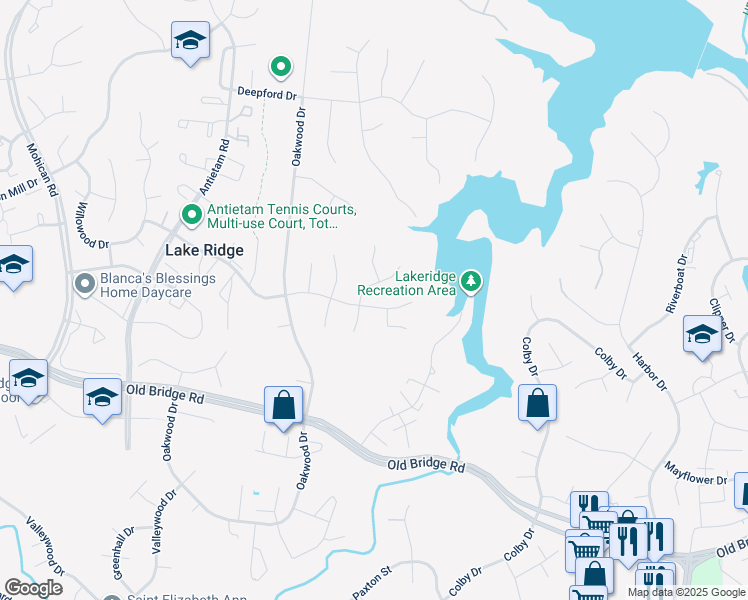 map of restaurants, bars, coffee shops, grocery stores, and more near 2616 Woodfern Court in Woodbridge