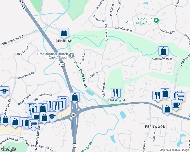 map of restaurants, bars, coffee shops, grocery stores, and more near 13241 Delft Drive in St. Louis