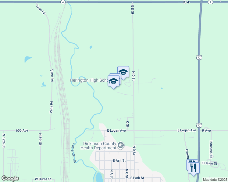 map of restaurants, bars, coffee shops, grocery stores, and more near 1317 North D Street in Herington