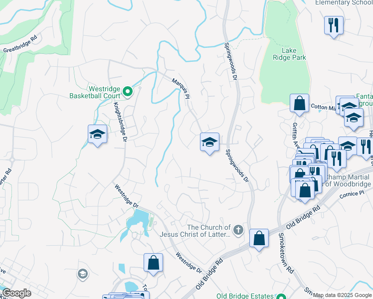 map of restaurants, bars, coffee shops, grocery stores, and more near 12336 Granada Way in Woodbridge