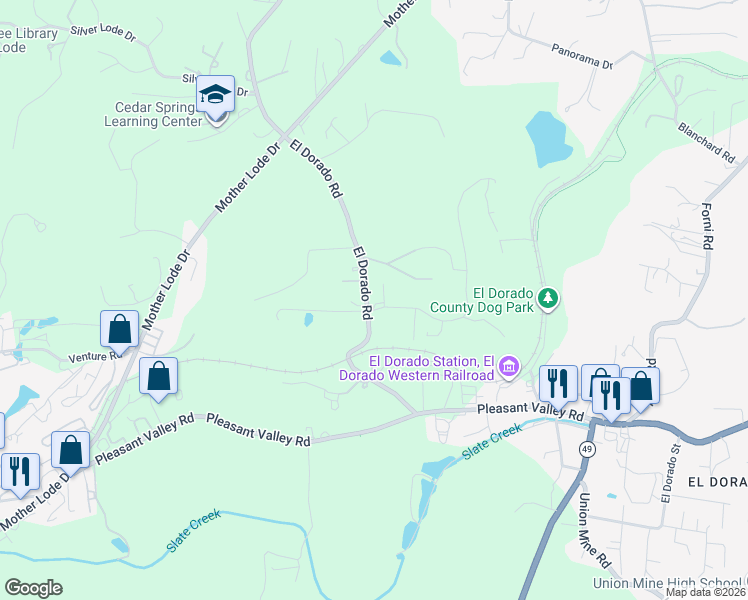 map of restaurants, bars, coffee shops, grocery stores, and more near 4627 El Dorado Road in Diamond Springs