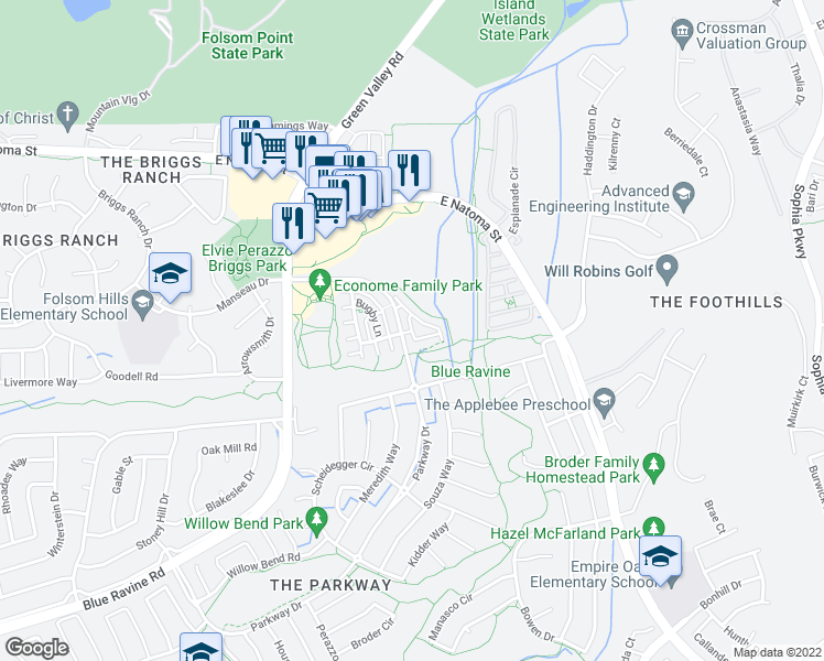 map of restaurants, bars, coffee shops, grocery stores, and more near 1387 Folsom Meadows Circle in Folsom