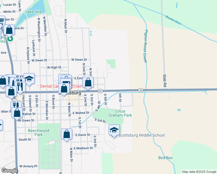 map of restaurants, bars, coffee shops, grocery stores, and more near 33 North 5th Street in Scottsburg