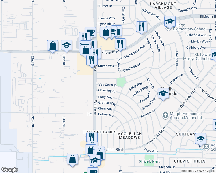 map of restaurants, bars, coffee shops, grocery stores, and more near 3628 Van Owen Street in North Highlands